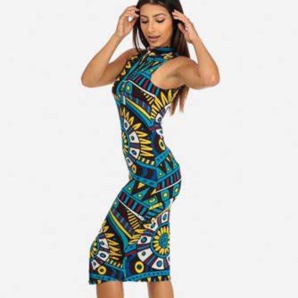 Multi Print Keyhole High Collar Dress - Picture 1 of 3